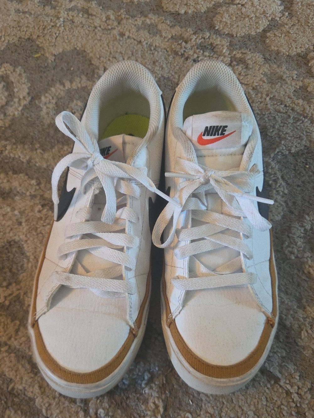 Nike Women’s White Sneakers with Black Swoosh and Tan Trim